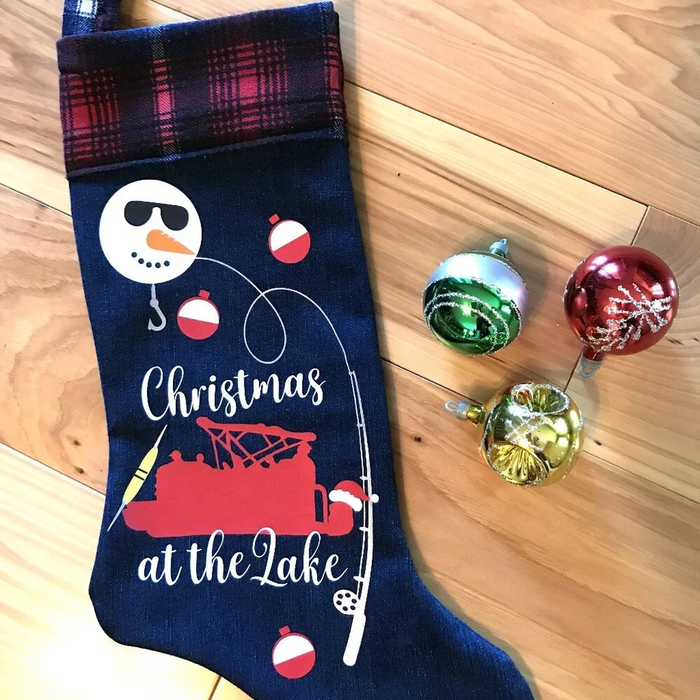 Recycled Denim Christmas Stocking, Lake Cabin Decor Pontoon Fishing Boat